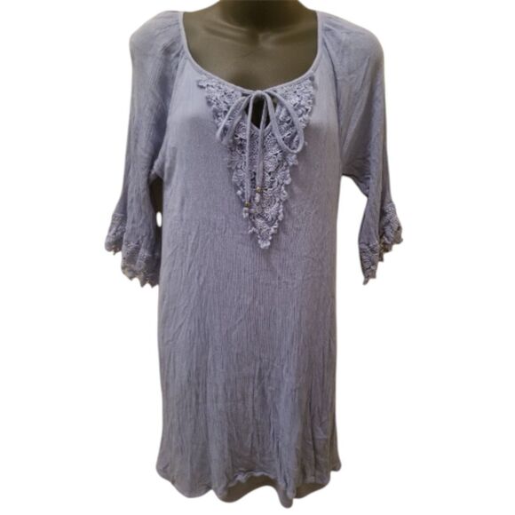 NAIF Light Blue Embroidered Floral V Neck Tie Boho Shift Mini Dress sz M - Picture 2 of 11